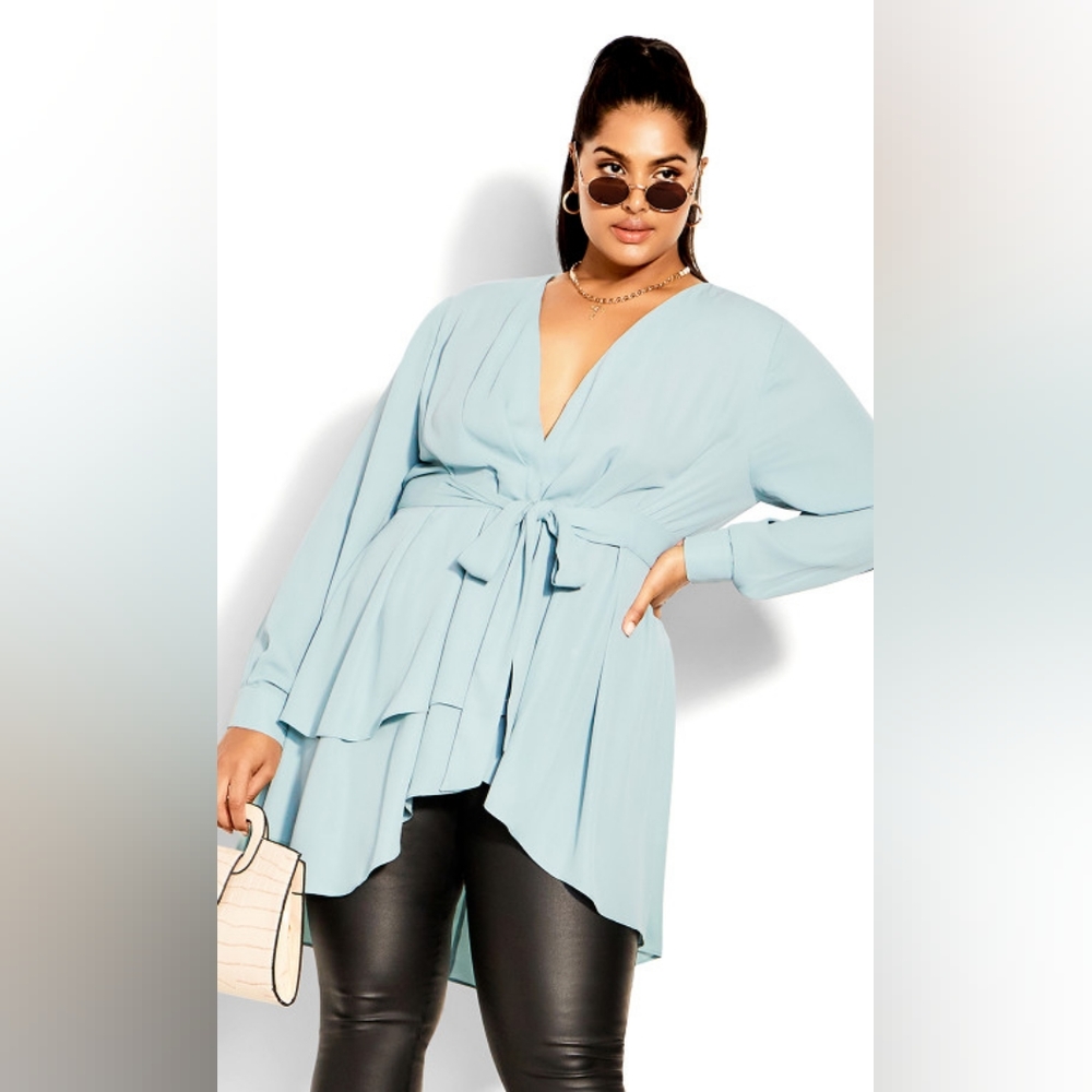 City Chic Shibara Seafoam Blouse Blue / Green Wrap Top Size XL/22 - Picture 11 of 11
